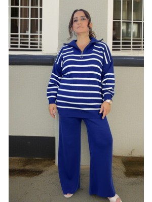 Yagmur Beren  Önden Yarım Fermuarlı Çizgili Desenli % 100 Akrilik Kumaş Büyük Beden Alt Üst Takım
