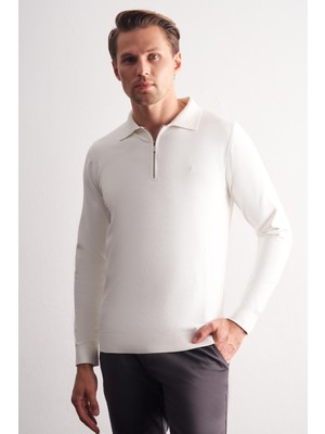 İmza Ekru Uzun Kol Fermuarlı Yaka Cepsiz  Slim Fit  Triko 1012255150