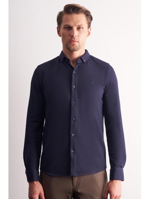 İmza Lacivert Uzun Kol Düğmeli Yaka Kendinden Desenli Pamuklu Slim Fit Gömlek 1004255267
