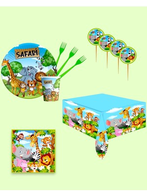 Evabrite Safari Hayvan Baskılı Doğum Günü Parti Seti 24 Kişilik - Safari Konsept Masa Süsleri