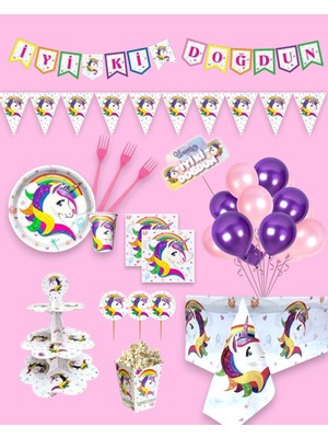 Evabrite Unicorn Doğum Günü Parti Seti | Unicorn Temalı Kız Çocuk Parti Süsleri 24 Kişilik