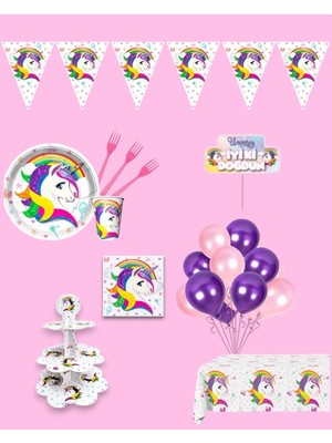 Evabrite Unicorn 24 Kişilik Doğum Günü Parti Seti - Unicorn Konsepti Kek Standı