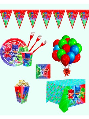 Evabrite Pijamaskeliler 32 Kişilik Doğum Günü Parti Malzemeleri Seti | Kedi Çocuk Baykuş Kız Pj Masks Konsept