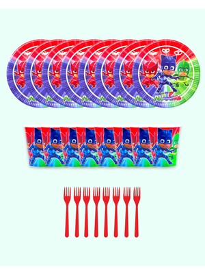 Evabrite Pijamaskeliler Tabak Bardak Çatal 8 Kişilik Doğum Günü Parti Malzemesi - Pj Maskeli Parti Süsleri