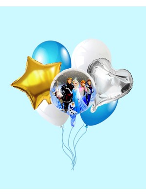 Evabrite Frozen Elsa Yuvarlak Folyo Balon Seti - Kalp ve Yıldız Doğum Günü Parti Seti
