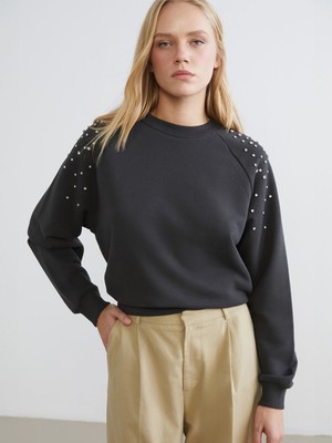 Lc Waikiki Yeni Sezon Bisiklet Yaka Taşlı Oversize Kadın Sweatshirt