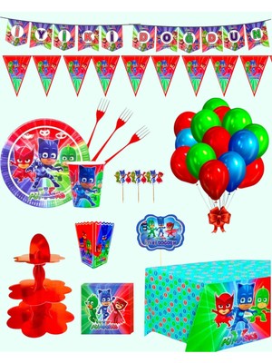 Evabrite Pijamaskeliler 32 Kişilik Doğum Günü Parti Malzemeleri Seti | Pj Masks Masa Süsleri