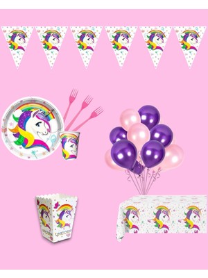 Evabrite Unicorn Temalı 16 Kişilik Doğum Günü Parti Seti -Unicorn Tek Boynuzlu At Konsept