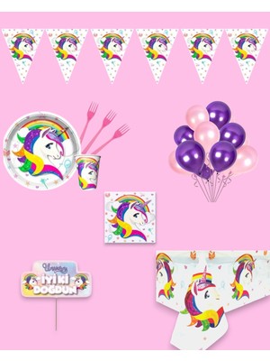 Evabrite Unicorn Temalı 32 Kişilik Doğum Günü Parti Seti -Unicorn Konseptli Tek Boynuzlu At Süsleri
