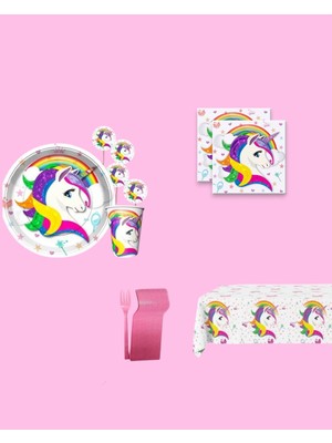Evabrite Unicorn Tek Boynuzlu At 16 Kişilik Doğum Günü Parti Seti - Unicorn Tek Boynuzlu At Parti Süsleri
