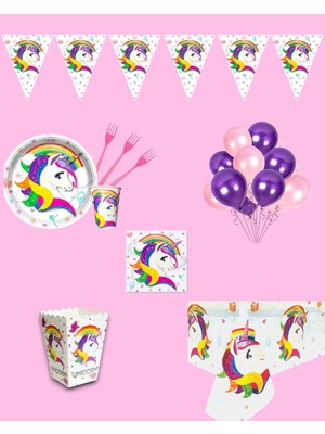 Evabrite Unicorn Konsepti Tek Boynuzlu At 16 Kişilik Doğum Günü Parti Seti - Unicorn Parti Süsleri