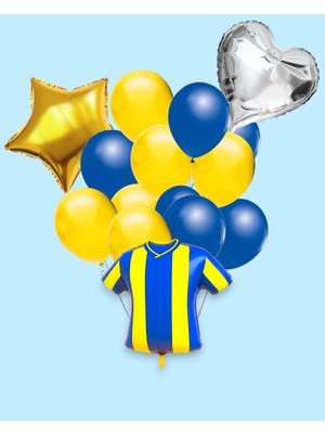 Evabrite Taraftar Sarı Lacivert Forma Şekilli Folyo Balon Seti - Kalp ve Yıldız Doğum Günü Parti Seti