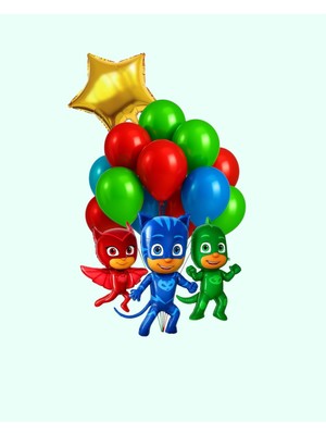 Evabrite Pijamaskeliler Folyo Balon Seti - Kedi-Baykuş-Kertenkele-Yıldız Doğum Günü Parti Seti