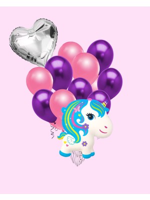 Evabrite Unicorn Tek Boynuzlu At Folyo Balon Seti - Kalp Folyo Doğum Günü Parti Seti