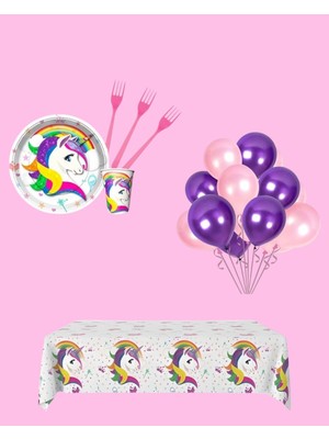 Evabrite Unicorn Doğum Günü Parti Seti | 1-5 Yaş Arası | Unicorn Temalı Kız Çocuk Parti Süsleri 8 Kişilik