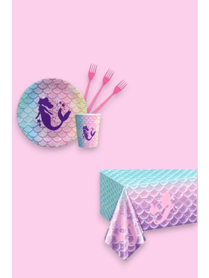 Evabrite Deniz Kızı 8 Kişilik Parti Seti - Renkli Doğum Günü Süsü ve Deniz Kızı Teması