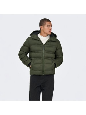 Only&Sons Union Seamless Life Puffer Erkek Haki Kapüşonlu Mont