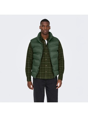 Only&Sons Union Seamless Life Puffer Erkek Haki Dik Yaka Yelek