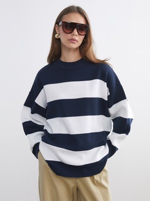 Lc Waikiki Yeni Sezon Bisiklet Yaka Çizgili Oversize Kadın Triko Kazak