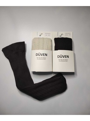 Düven 2'li Paket Yumuşacık Dokusu Klasik Örgü Deseniyle Kalın Kışlık Kestane & Krem Rengi Dizaltı Çorap