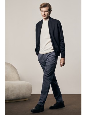 İmza Koyu Lacivert Kolej Yaka Uzun Kol Cepsiz Comfort Fit Casual Yünlü Triko Mont 1012255211