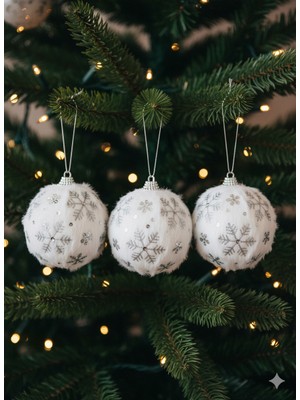 Dodomar 3 Adet Yılbaşı Ağacı Top Süsü (8 Cm) - Beyaz Peluş, Gümüş Varaklı Kartanesi Desenli Lüks Ağaç Süsü (Özel Pvc Kutulu)