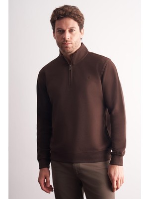 İmza Kahverengi Uzun Kol Hakim Yaka Düz Pamuklu Comfort Fit Sweatshirt 1013255151