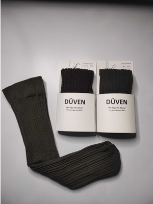 Düven 2'li Paket Yumuşacık Dokusu Klasik Örgü Deseniyle Kalın Kışlık Kestane & Haki Rengi Dizaltı Çorap