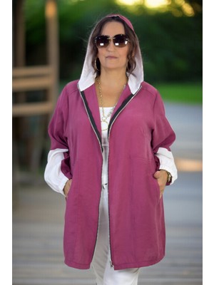 YAĞMURBEREN Yagmur Beren  Cepli Fermuarlı Kapüşonlu Modal Kumaş Büyük Beden Mevsimlik Ince Safari Ceket