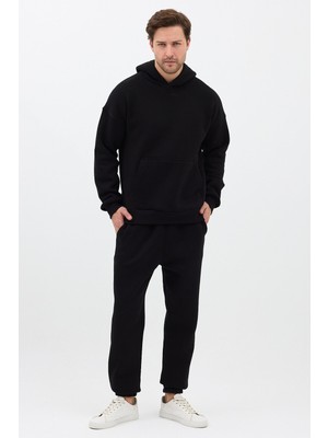 Sparrow Erkek Pamuklu Eşofman Takımı Oversize Kapüşonlu 3 Iplik Kanguru Cepli Rahat Kesim Siyah - L