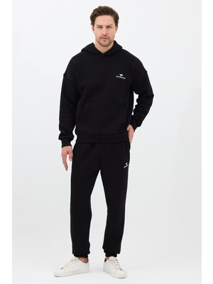 Sparrow Erkek Pamuklu Nakışlı Oversize Kapüşonlu 3 Iplik Kanguru Cepli Basic Eşofman Takımı Siyah - M