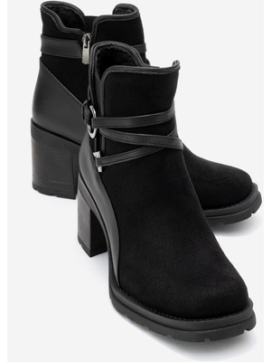 Luvi Wern Siyah Süet Kemerli Toka Detaylı Kadın Kalın Topuklu Bot