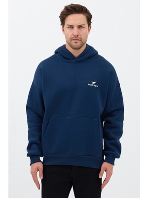 Sparrow Erkek Oversize Pamuklu Kanguru Cepli Basic 3 Iplik Nakışlı Kapüşonlu Sweatshirt Lacivert - M