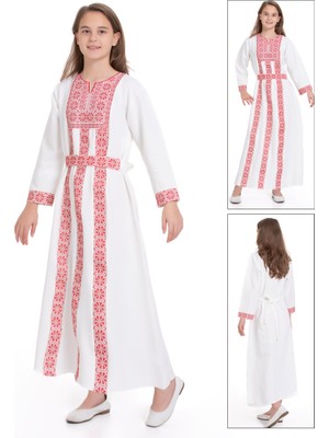 Zaytoon Çocuk Elbise - Kırmızı Çizgili İşlemeli Beyaz Filistin Çocuk Elbisesi