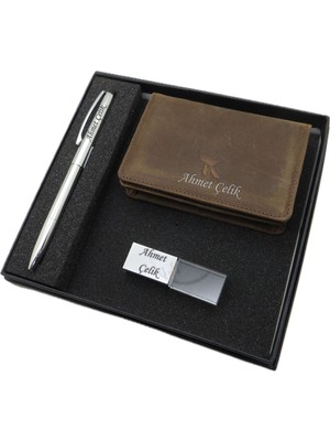 Signator D283 Isme Özel Set - Deri Kartlık + 32GB. Kristal USB Bellek  + Kalem Seti | Isme Özel Hediyelik Set