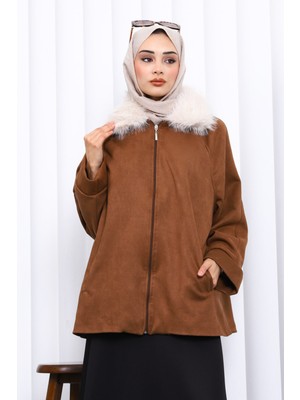 İmaj Butik Kahverengi Yaka Kürk Detaylı Süet Ceket