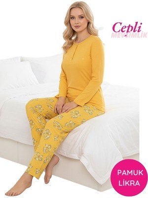 Guava Kadın Sarı Çiçek Desenli Mevsimlik Pamuklu Penye Uzun Kol Cepli Pijama Takımı-Slim Fit Dar Kalıp