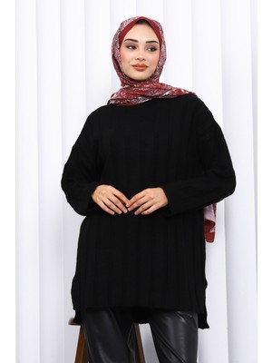 İmaj Butik Siyah Yan Yırtmaçlı Fitilli Triko Tunik