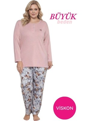 Bie's Kadın Pembe Çiçek Desen 3 Düğme Likralı Viskon Mevsimlik Büyük Beden Uzun Kol Pijama Takımı
