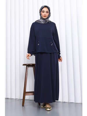 İmaj Butik Lacivert Cepli Bluz Etekli Takım