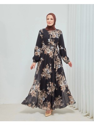 Yaprak Desenli Zarif ve Şık Uzun Boy Büyük Beden Astarlı Şifon Elbise ( Lisinya )