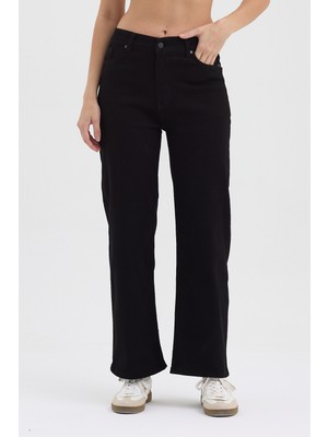 Hateko Kadın Hakan Jeans Esnek Wide Leg Siyah Yüksek Bel Kot Pantolon