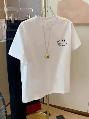 Rawea Fashion 20/1 Penye Compack Gülücük Baskılı Oversize Bisiklet Yaka Kısa Kol Yazlık T-Shirt - Beyaz