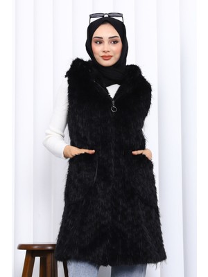 İmaj Butik Siyah Kapüşonlu Astarkı Kürk Yelek
