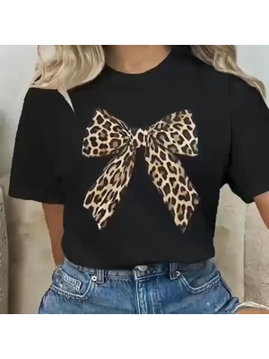 Rawea Fashion Leopar Desenli Fiyonklu Tişört - Rahat Polyester, Makinede Yıkanabilir, Bisiklet Yaka, Kadınlar Için Yazlık Günlük Üst - Siyah