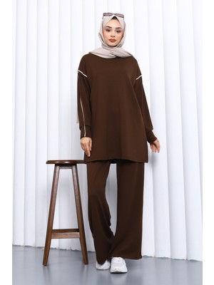 İmaj Butik Kahverengi Biyeli Tunik Pantolonlu Modal Takım