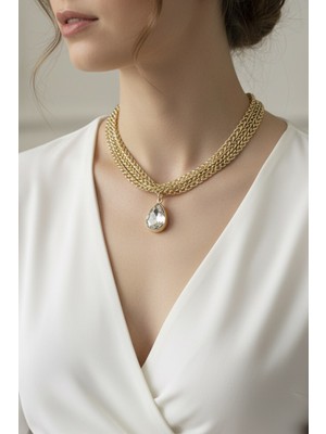 Modex Altın Sarısı Çoklu Zincir Oval Tek Taş Kolye (40CM)