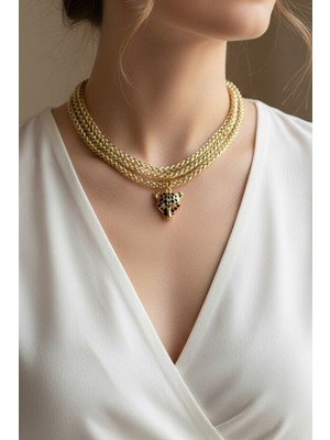 Modex Altın Sarısı Çoklu Zincir Kaplan Figürlü Kolye (40+5cm)