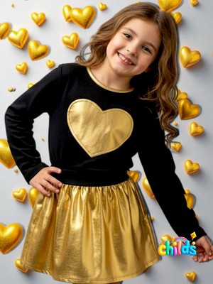 childs Alt Üst Takım Siyah Uzun Kol Iki Iplik Ince Şardonsuz Üst Parlak Likralı Gold Etek.