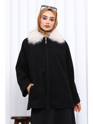 İmaj Butik Siyah Yaka Kürk Detaylı Süet Ceket